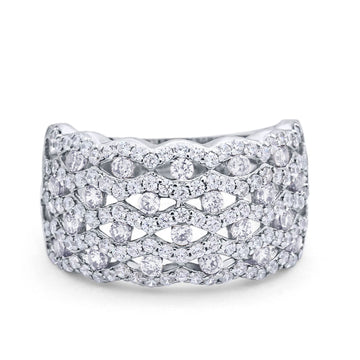 Wide Band Half Eternity Ring Round Simulated Cubic Zirconia 925 Sterling Silver